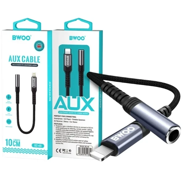 BWOO BZ48 AUX 3.5mm to iPhone Braided Audio Adapter Cable 10cm